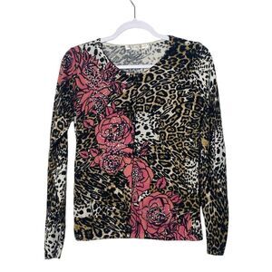 Boston Proper Animal Print Floral Jewled Button Front Cardigan Women's Size M